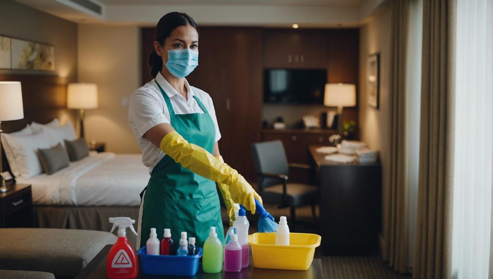 Camareira de hotel higienizando o quarto com produtos de limpeza profissionais